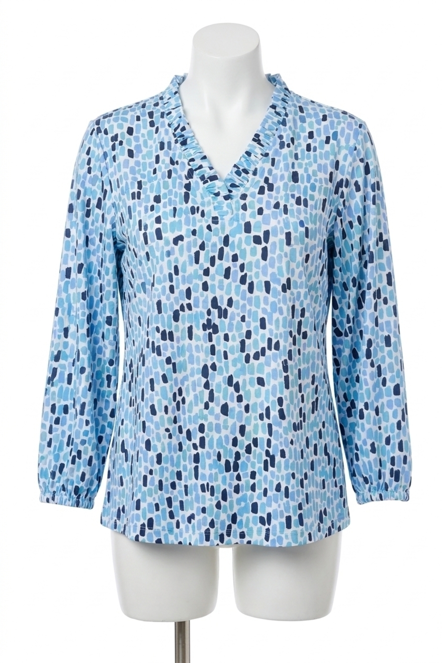 NEW MULTIPLES ruffle v-neck knit top in blue mix